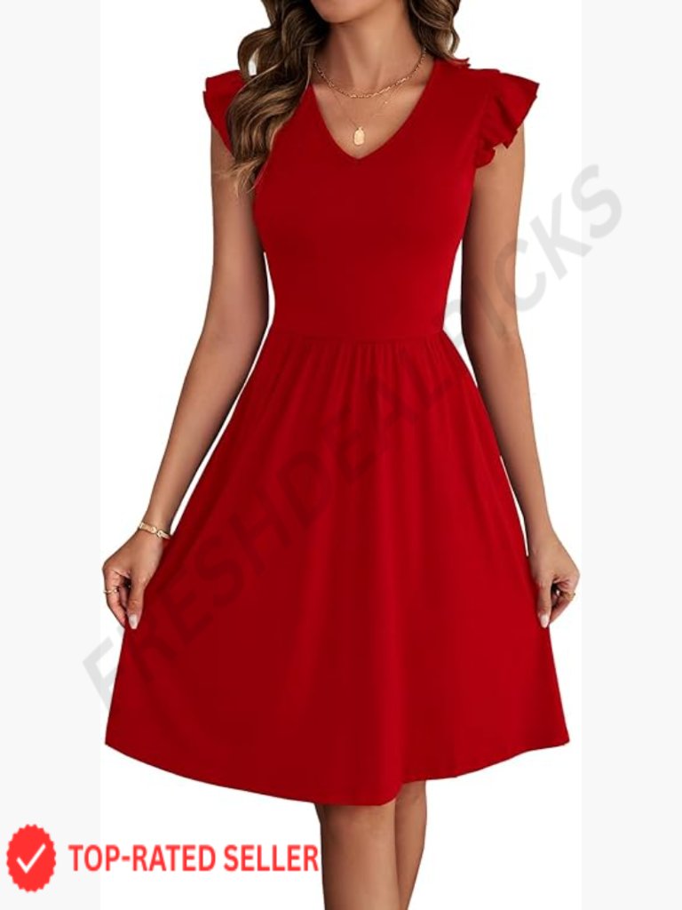 V Neck Ruffle Sleeve A-Line Mini Dress With Pockets Classic Fit And Flare